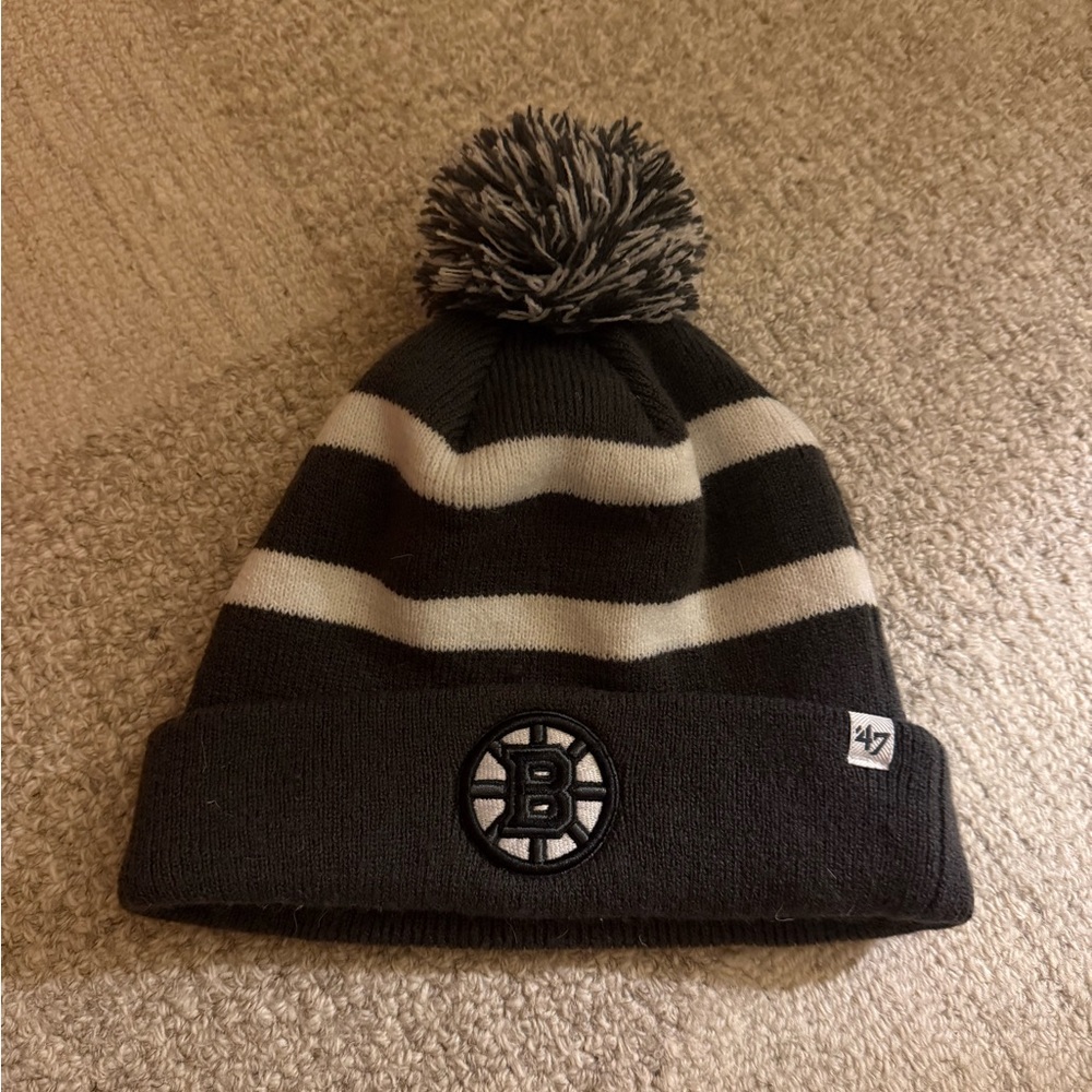 47 Black and White Striped Beanie Bruins